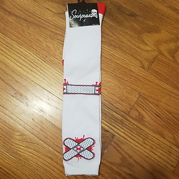 Sourpuss White & Red Band Aid Over The Knee Socks - Picture 2 of 6